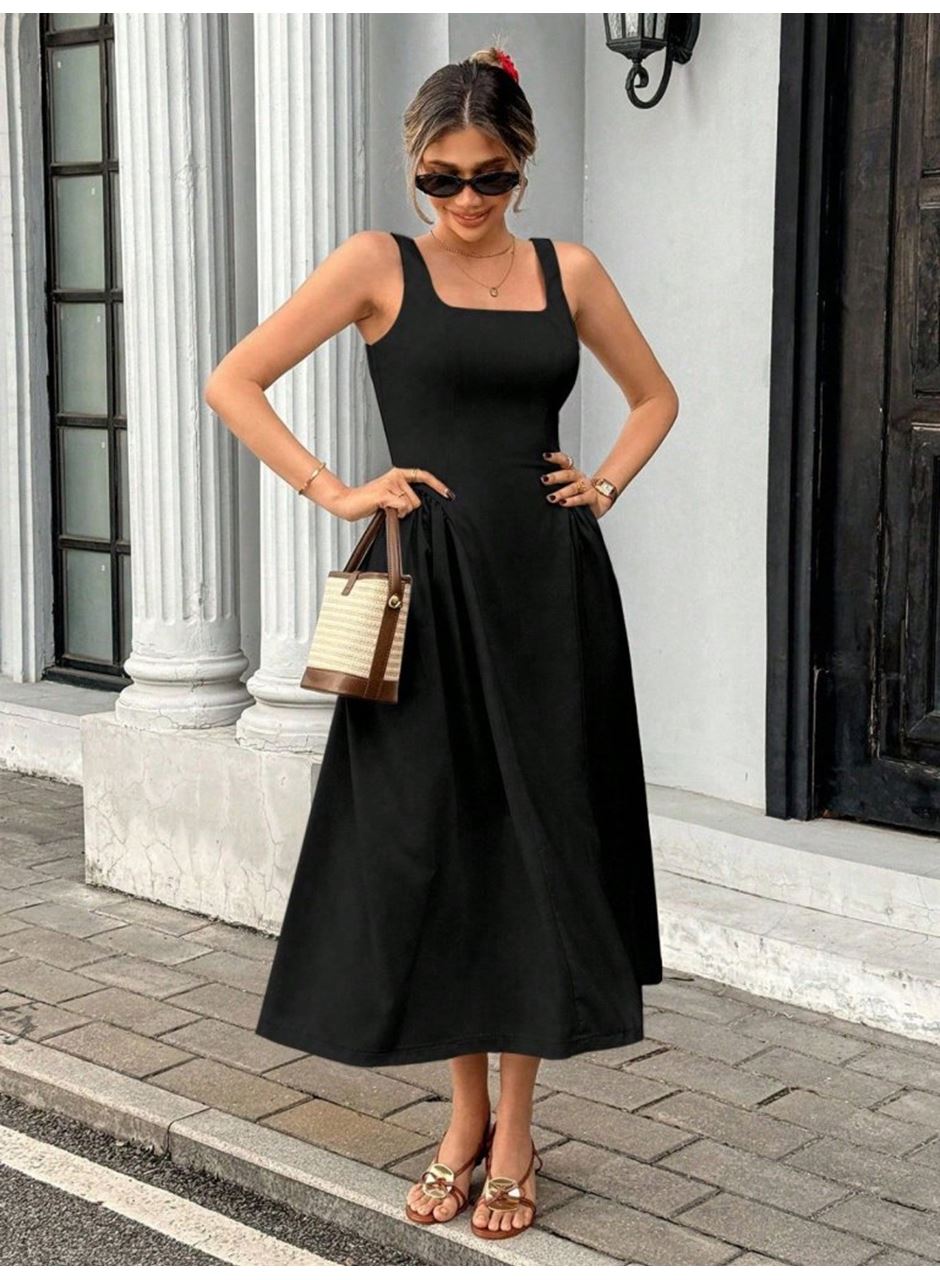 Kadın Askılı Kare Yakalı Uzun Ithal Krep Elbise