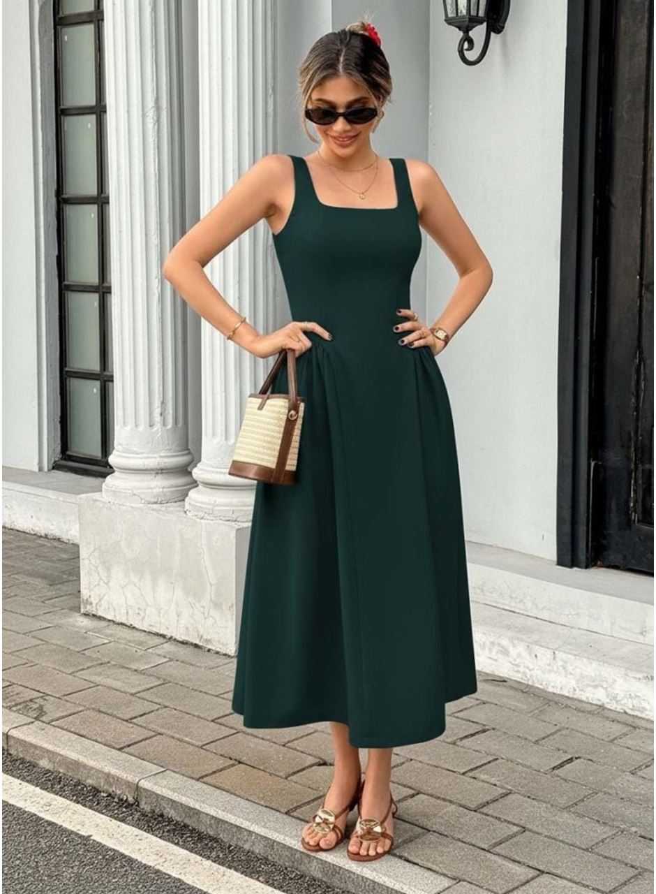 Kadın Askılı Kare Yakalı Uzun Ithal Krep Elbise