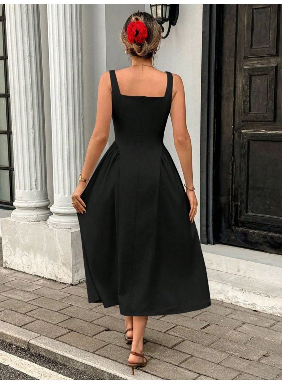 Kadın Askılı Kare Yakalı Uzun Ithal Krep Elbise