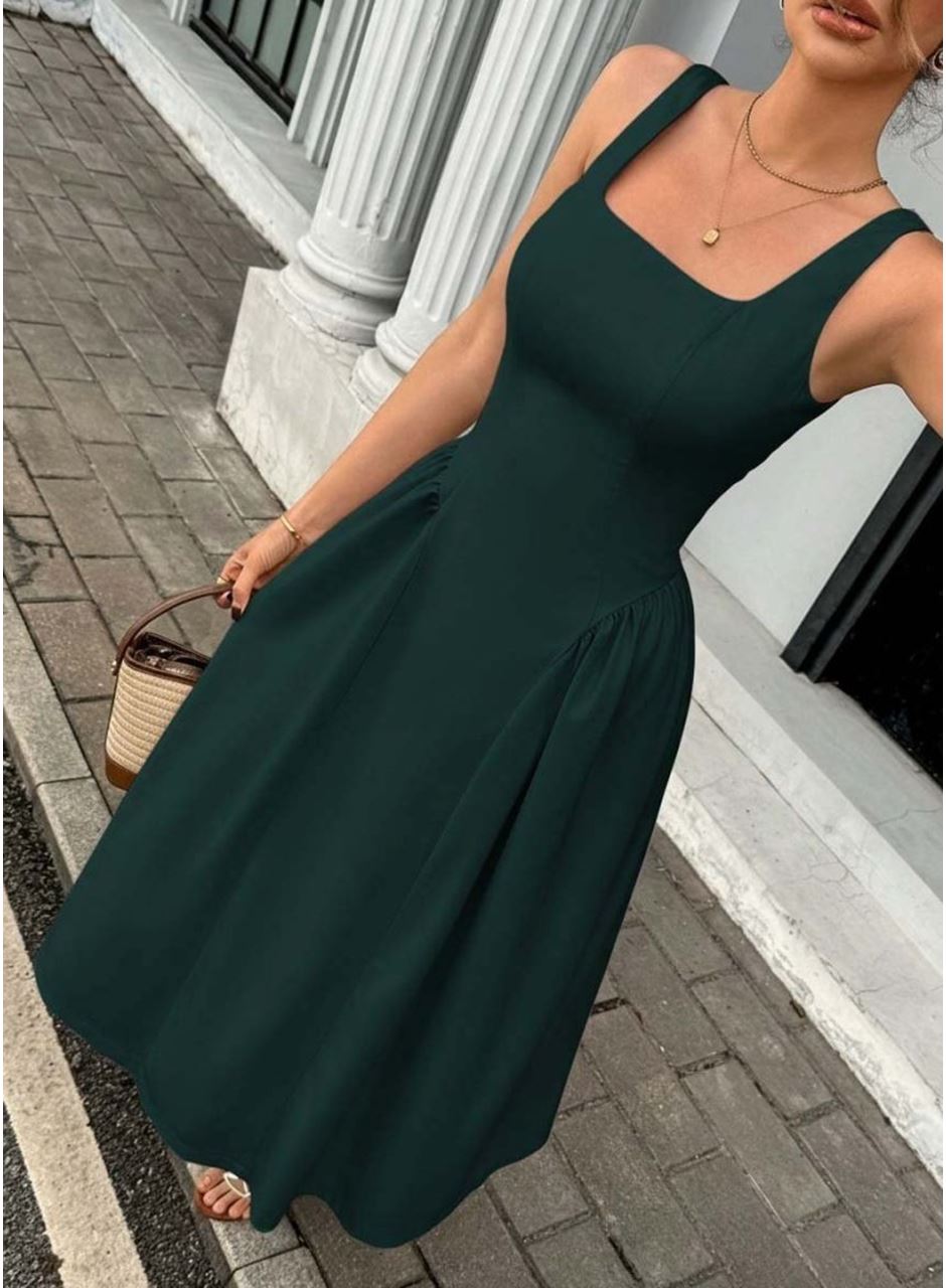 Kadın Askılı Kare Yakalı Uzun Ithal Krep Elbise