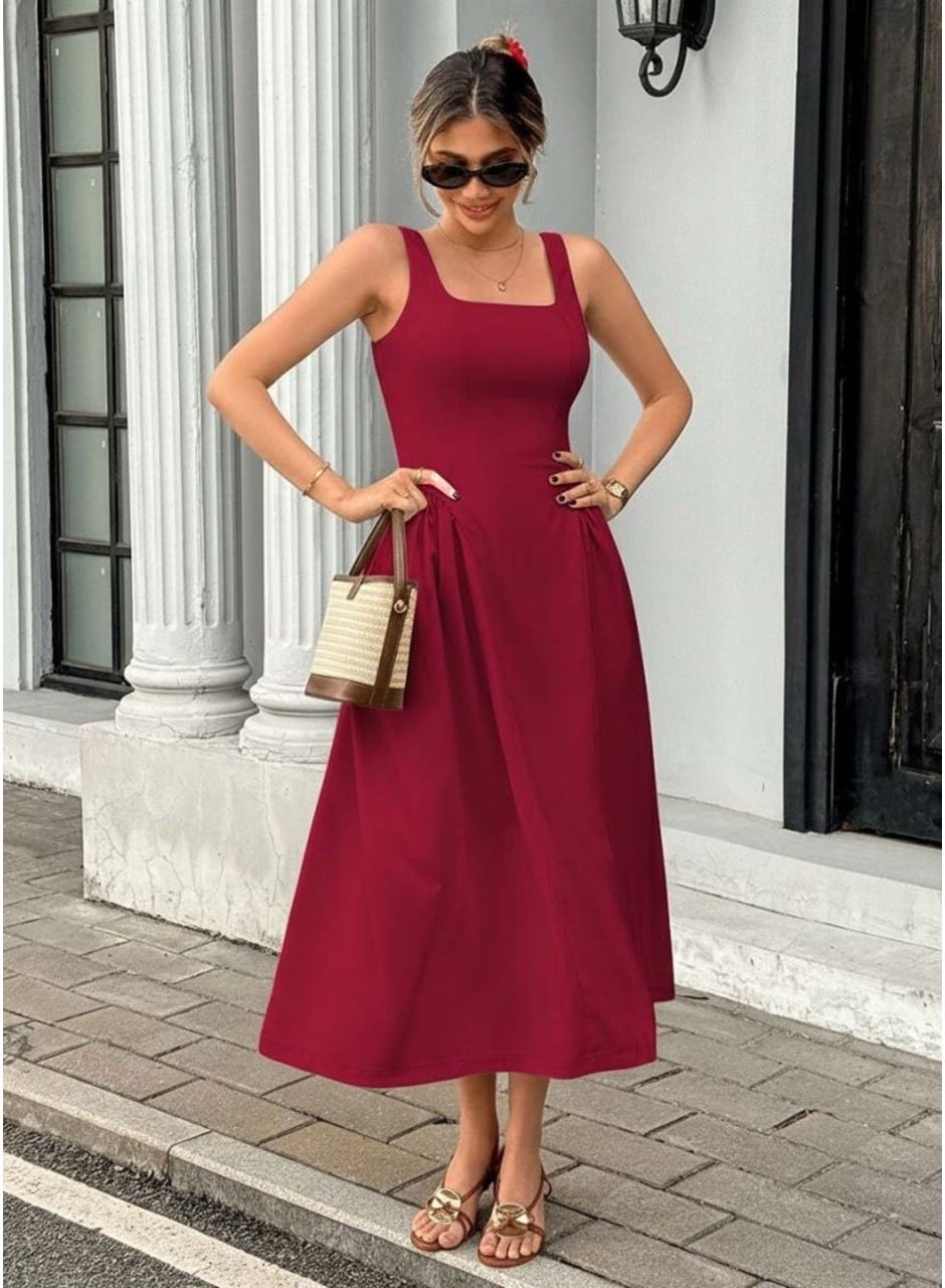 Kadın Askılı Kare Yakalı Uzun Ithal Krep Elbise