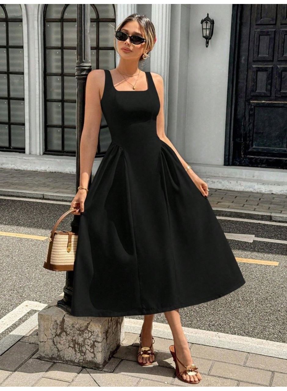 Kadın Askılı Kare Yakalı Uzun Ithal Krep Elbise