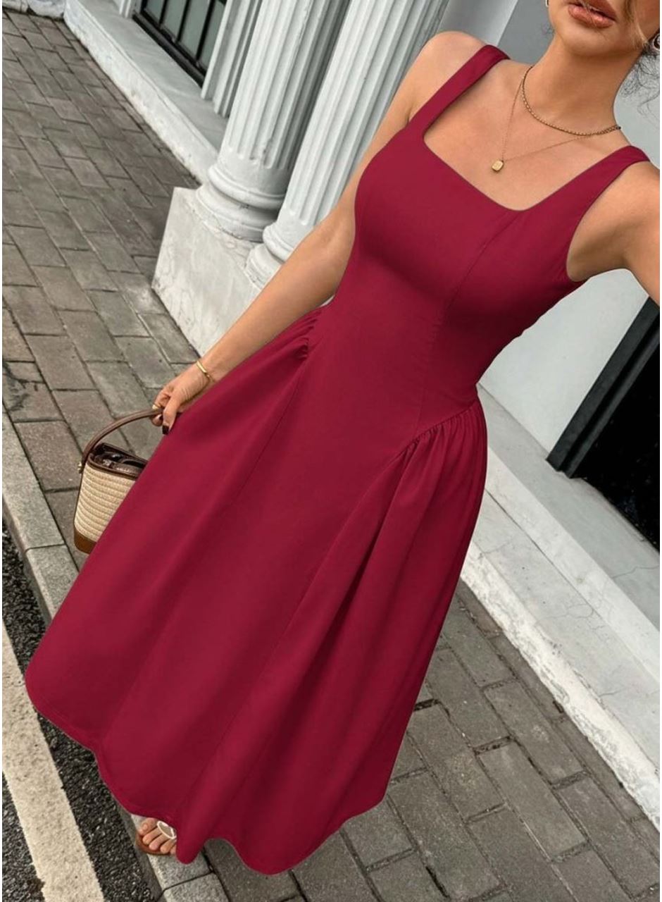 Kadın Askılı Kare Yakalı Uzun Ithal Krep Elbise