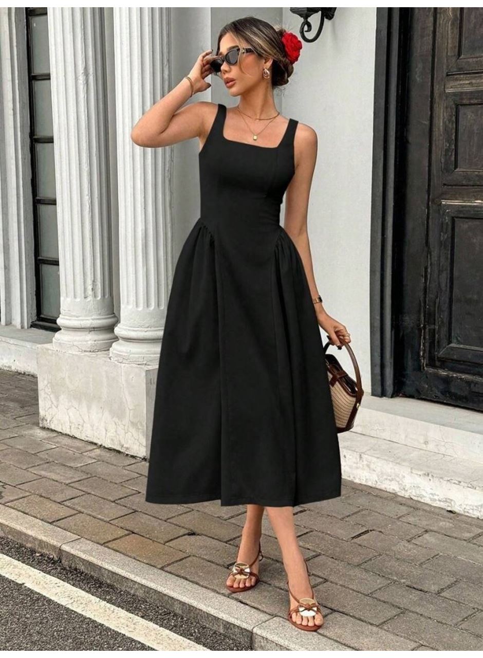 Kadın Askılı Kare Yakalı Uzun Ithal Krep Elbise