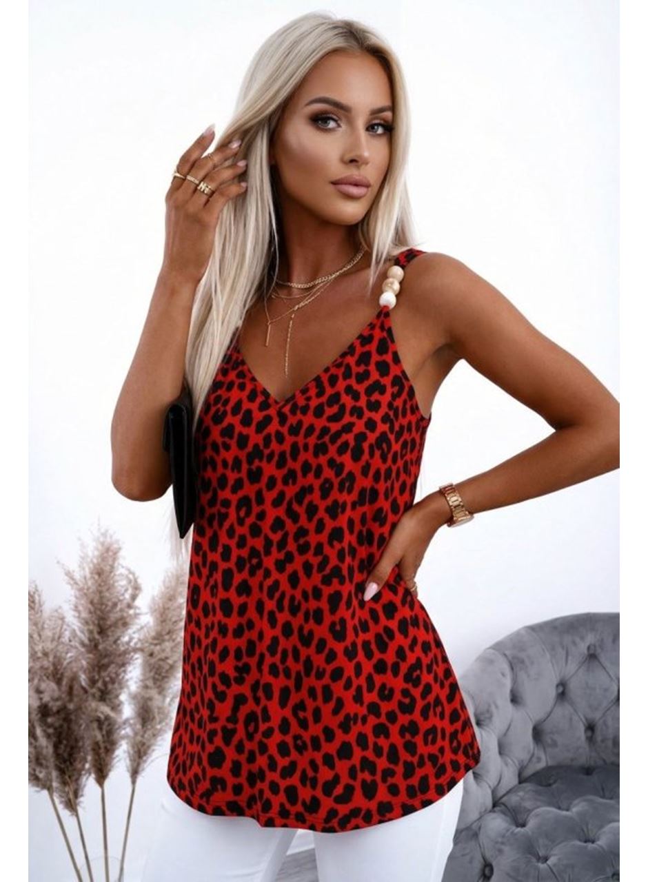 Kadın Askılı V Yakalı Boncuk Detaylı Leopar Desenli Süprem Bluz