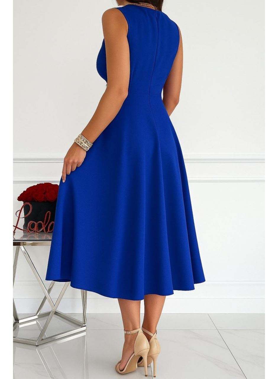 Kadın Ithal Krep Kumaş Kruvaze Yaka Eteği Kloş Kolsuz Mini Elbise