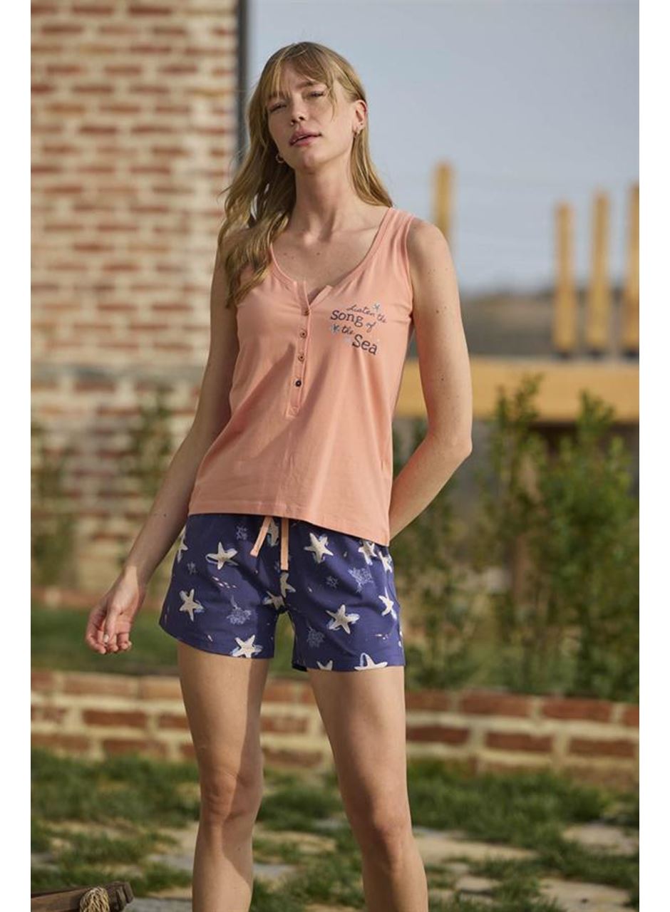 Deniz Yıldızı Desenli ve Baskılı Önü Düğmeli "Listen the Song of the Sea" Şort Takımı