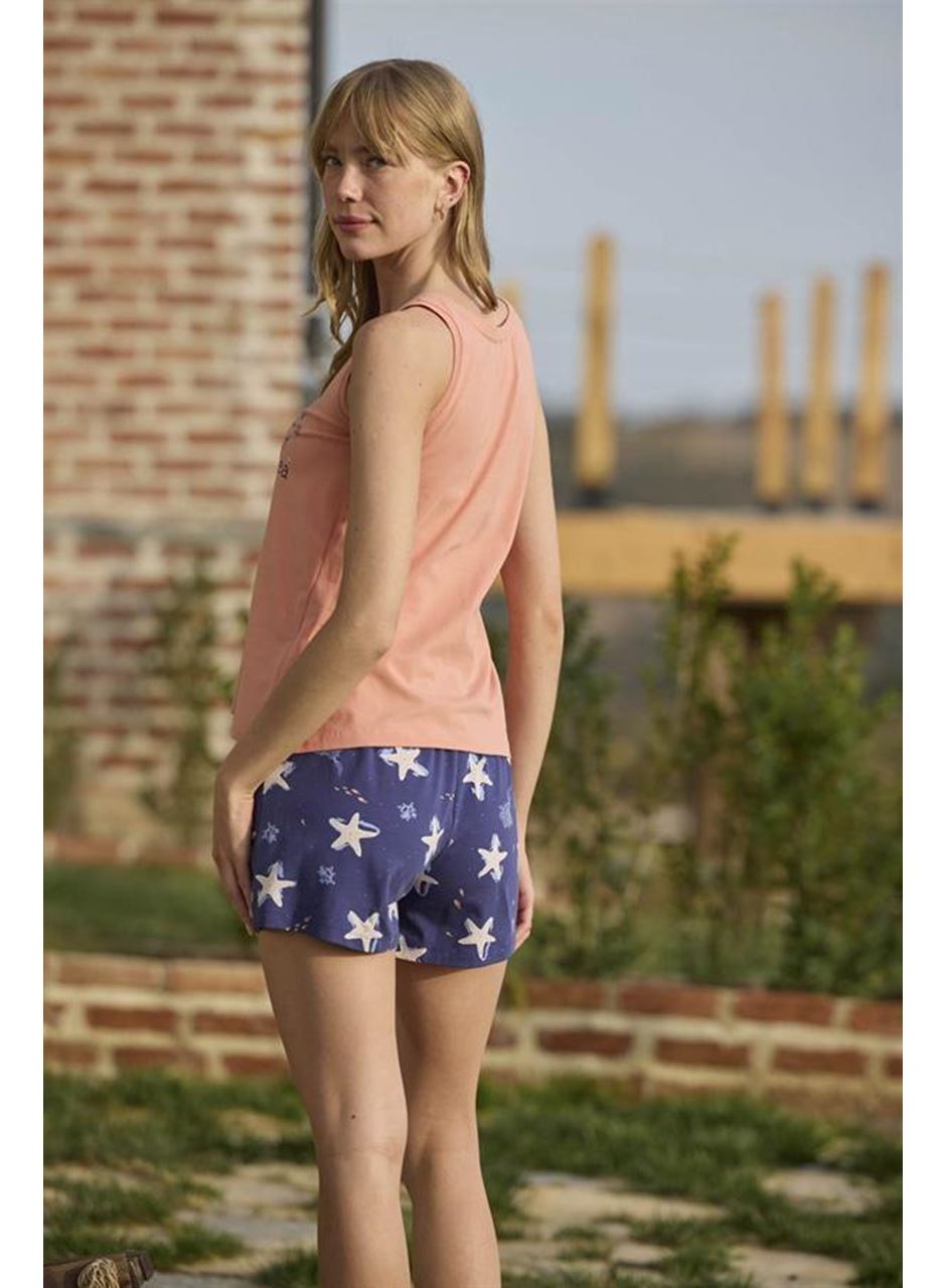 Deniz Yıldızı Desenli ve Baskılı Önü Düğmeli "Listen the Song of the Sea" Şort Takımı