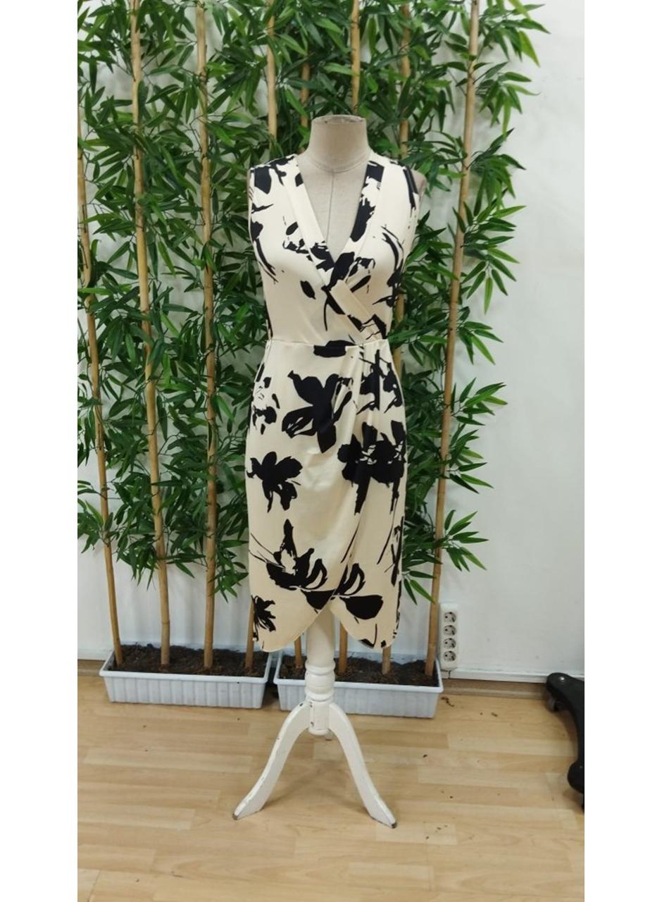 Kadın Sıfır Kol Kruvaze Yaka önden çapraz Kesim Detaylı Desenli Oysho Süprem Elbise