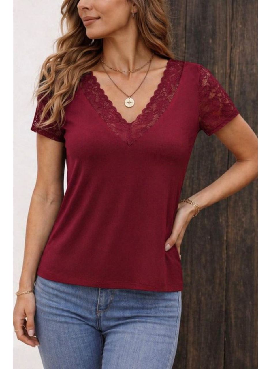 Kadın Kısa Kollu V Yakalı Dantelli Viskon Bluz