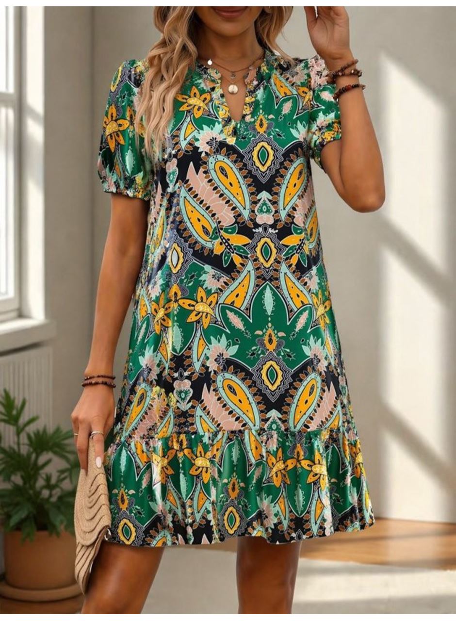 Kadın Kısa Kollu V Yakalı Desenli Kısa Süprem Elbise