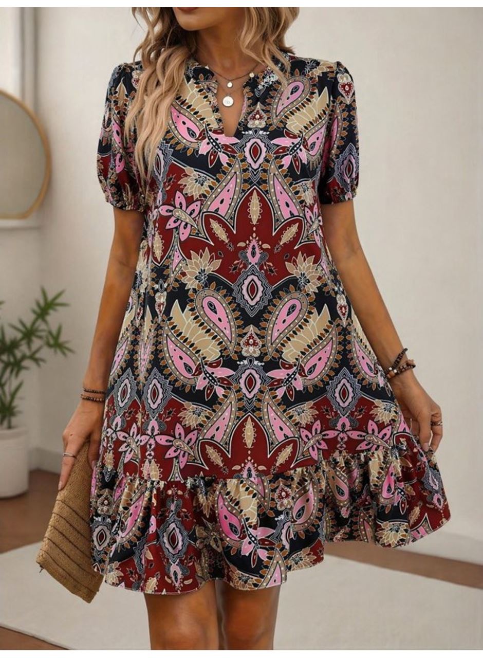 Kadın Kısa Kollu V Yakalı Desenli Kısa Süprem Elbise