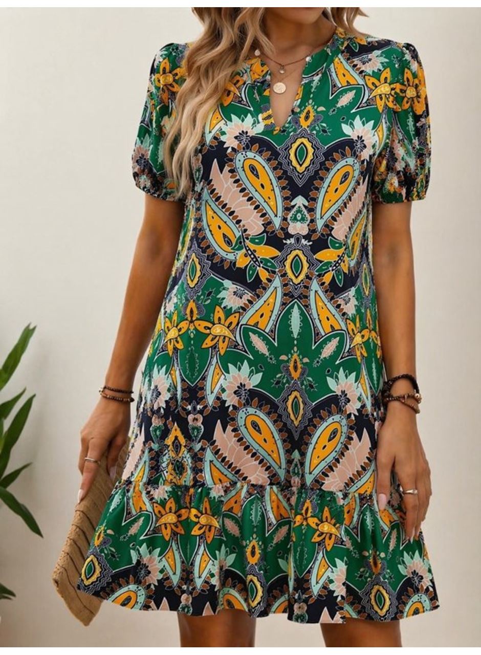 Kadın Kısa Kollu V Yakalı Desenli Kısa Süprem Elbise