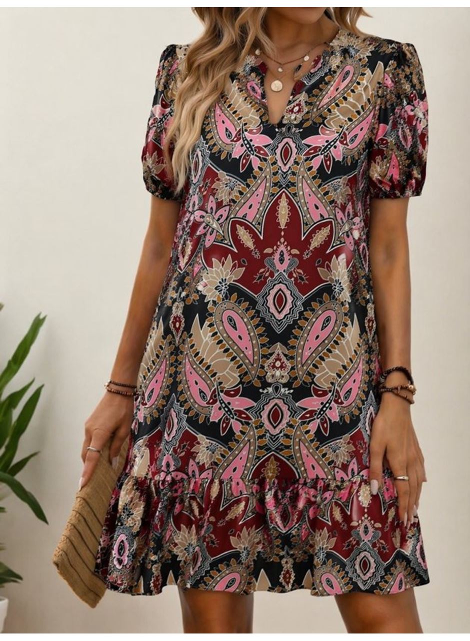 Kadın Kısa Kollu V Yakalı Desenli Kısa Süprem Elbise