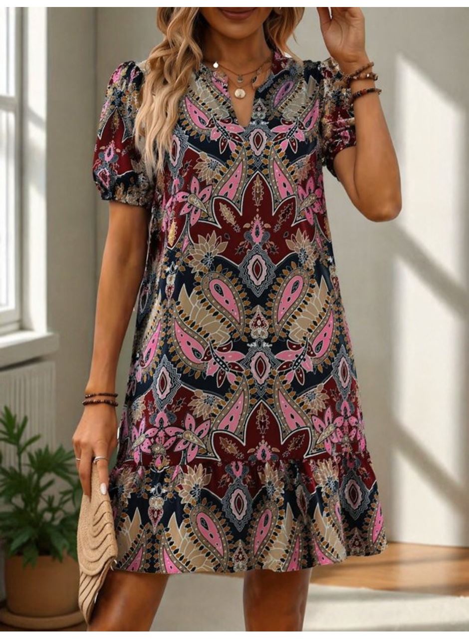 Kadın Kısa Kollu V Yakalı Desenli Kısa Süprem Elbise