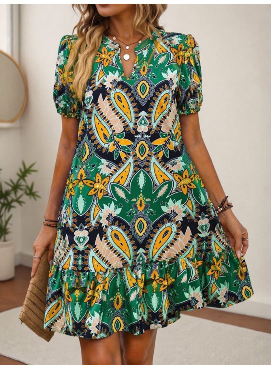 Kadın Kısa Kollu V Yakalı Desenli Kısa Süprem Elbise