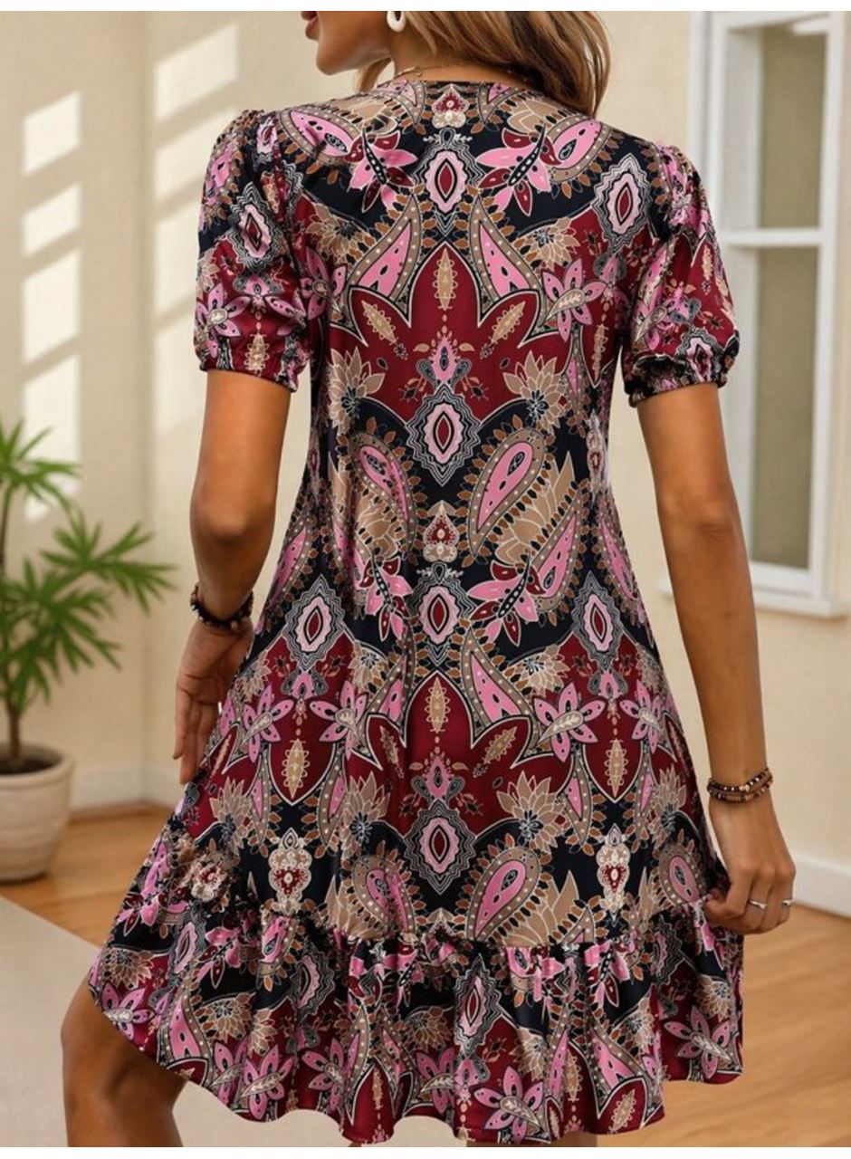 Kadın Kısa Kollu V Yakalı Desenli Kısa Süprem Elbise