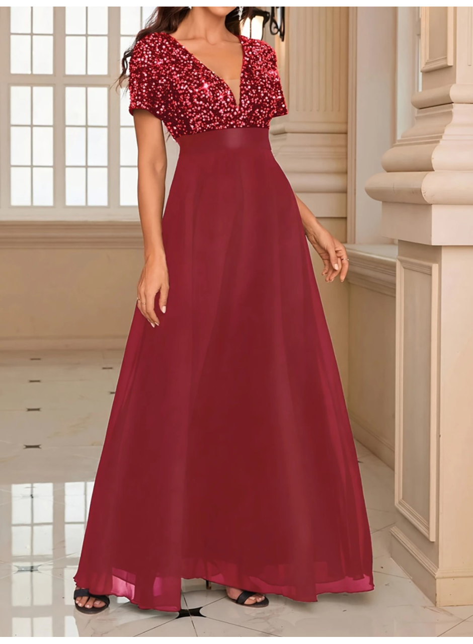 Kadın Kısa Kollu Derin V Yakalı A Kesim Pulpayet Detaylı şifon Nedime Elbisesi