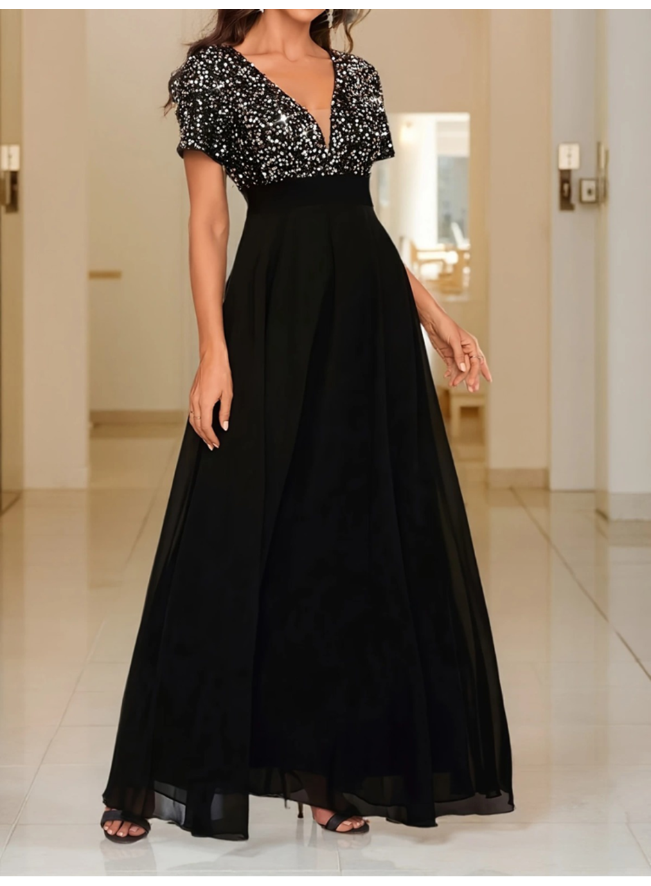 Kadın Kısa Kollu Derin V Yakalı A Kesim Pulpayet Detaylı şifon Nedime Elbisesi