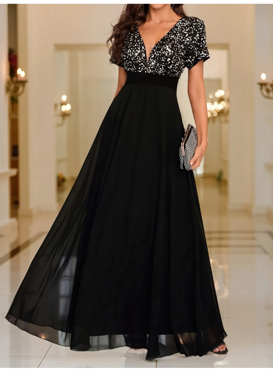 Kadın Kısa Kollu Derin V Yakalı A Kesim Pulpayet Detaylı şifon Nedime Elbisesi