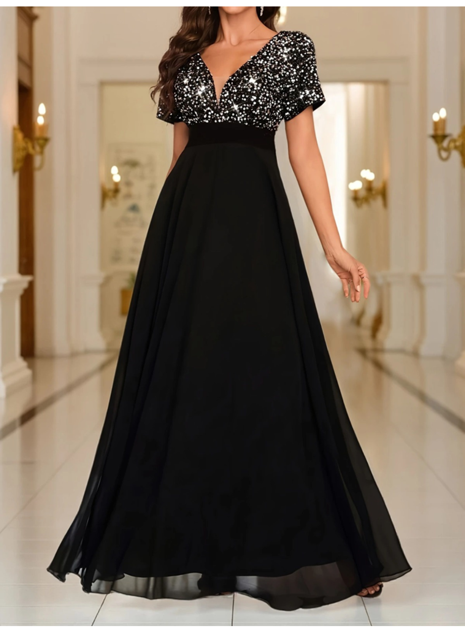 Kadın Kısa Kollu Derin V Yakalı A Kesim Pulpayet Detaylı şifon Nedime Elbisesi