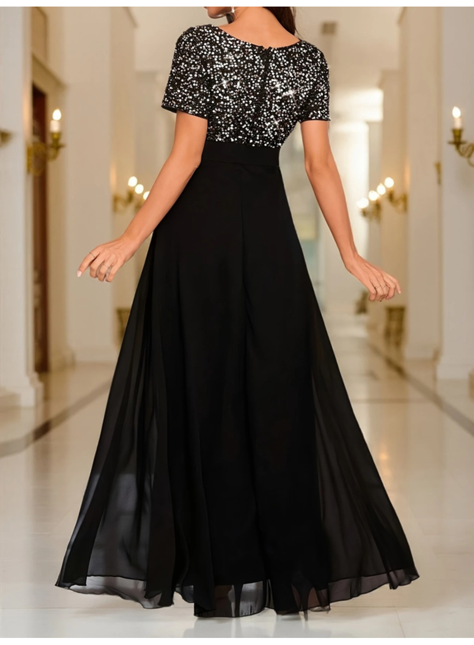 Kadın Kısa Kollu Derin V Yakalı A Kesim Pulpayet Detaylı şifon Nedime Elbisesi