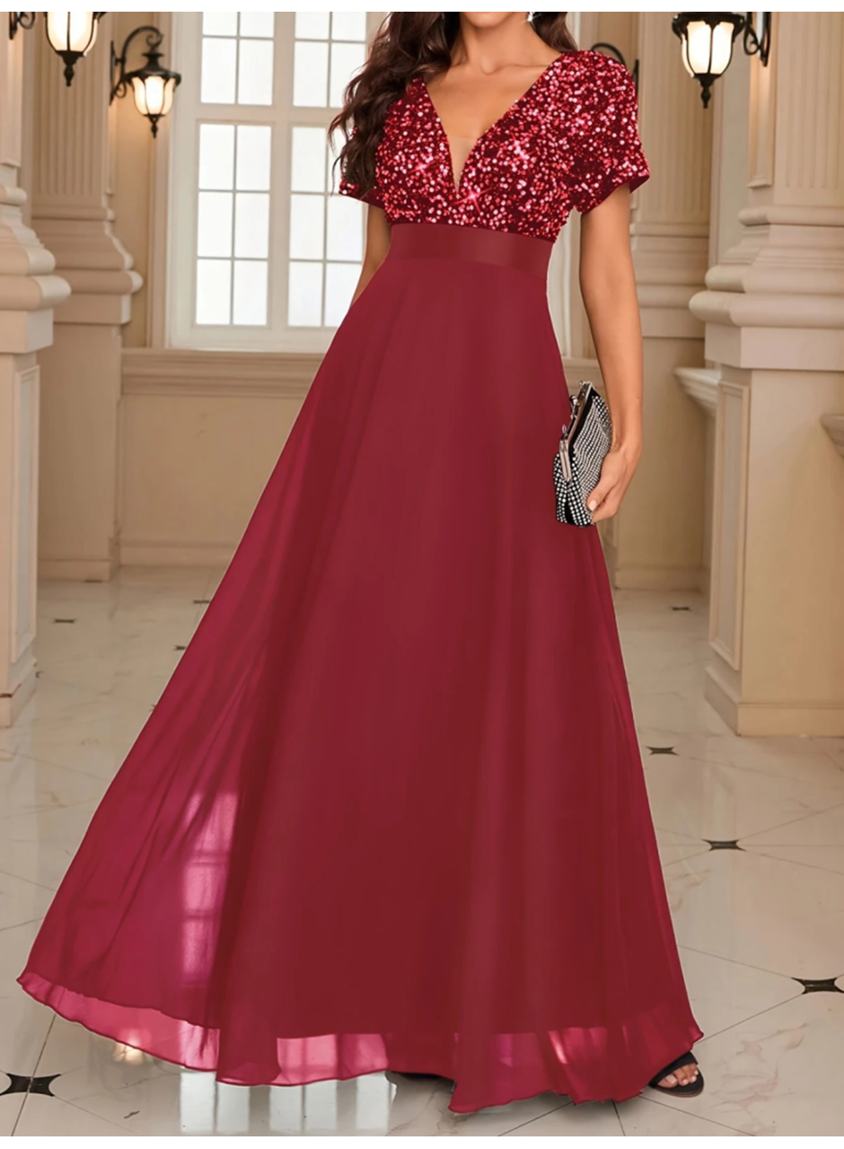 Kadın Kısa Kollu Derin V Yakalı A Kesim Pulpayet Detaylı şifon Nedime Elbisesi