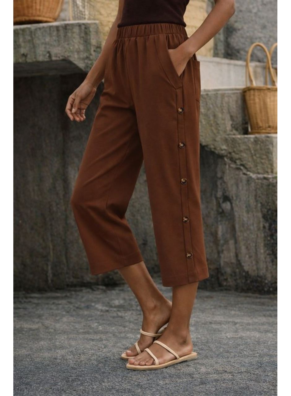 Kadın Yüksel Bel Lastikli Yandan Dügme Detaylı Midi Pantolon