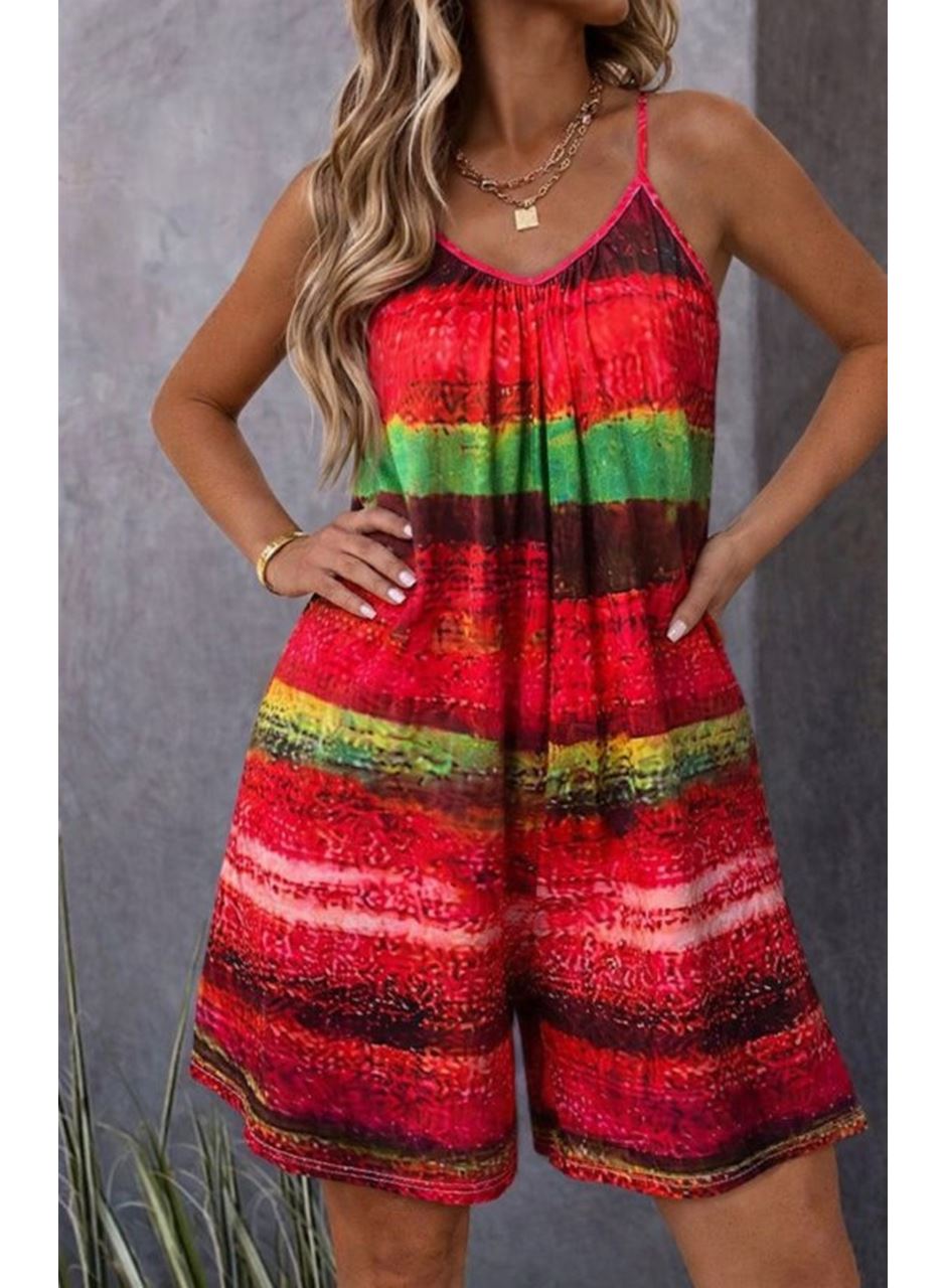 Kadın Ip Askılı Yuvarlak Yakalı Cepli Desenli Kısa Süprem Tulum