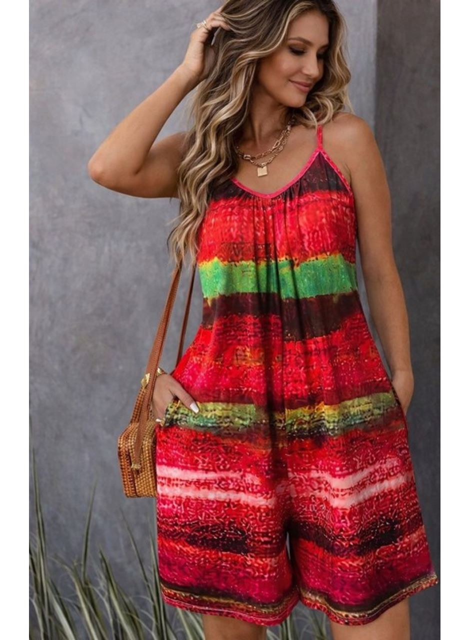 Kadın Ip Askılı Yuvarlak Yakalı Cepli Desenli Kısa Süprem Tulum