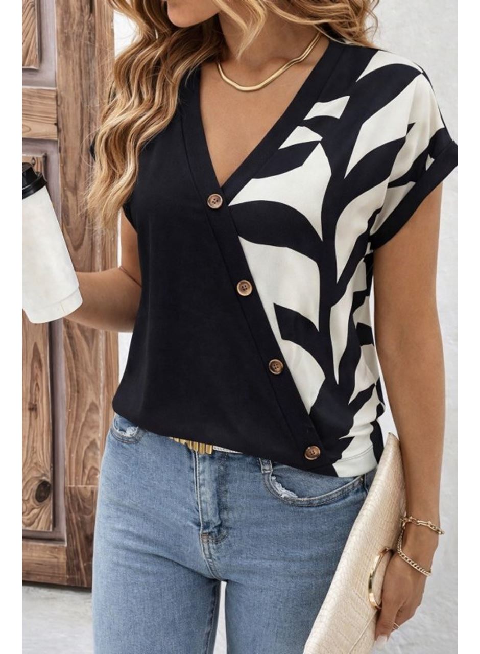 Kadın Kısa Kollu V Yakalı önden Düğmeli Leopar Desen Detaylı Viskon Bluz