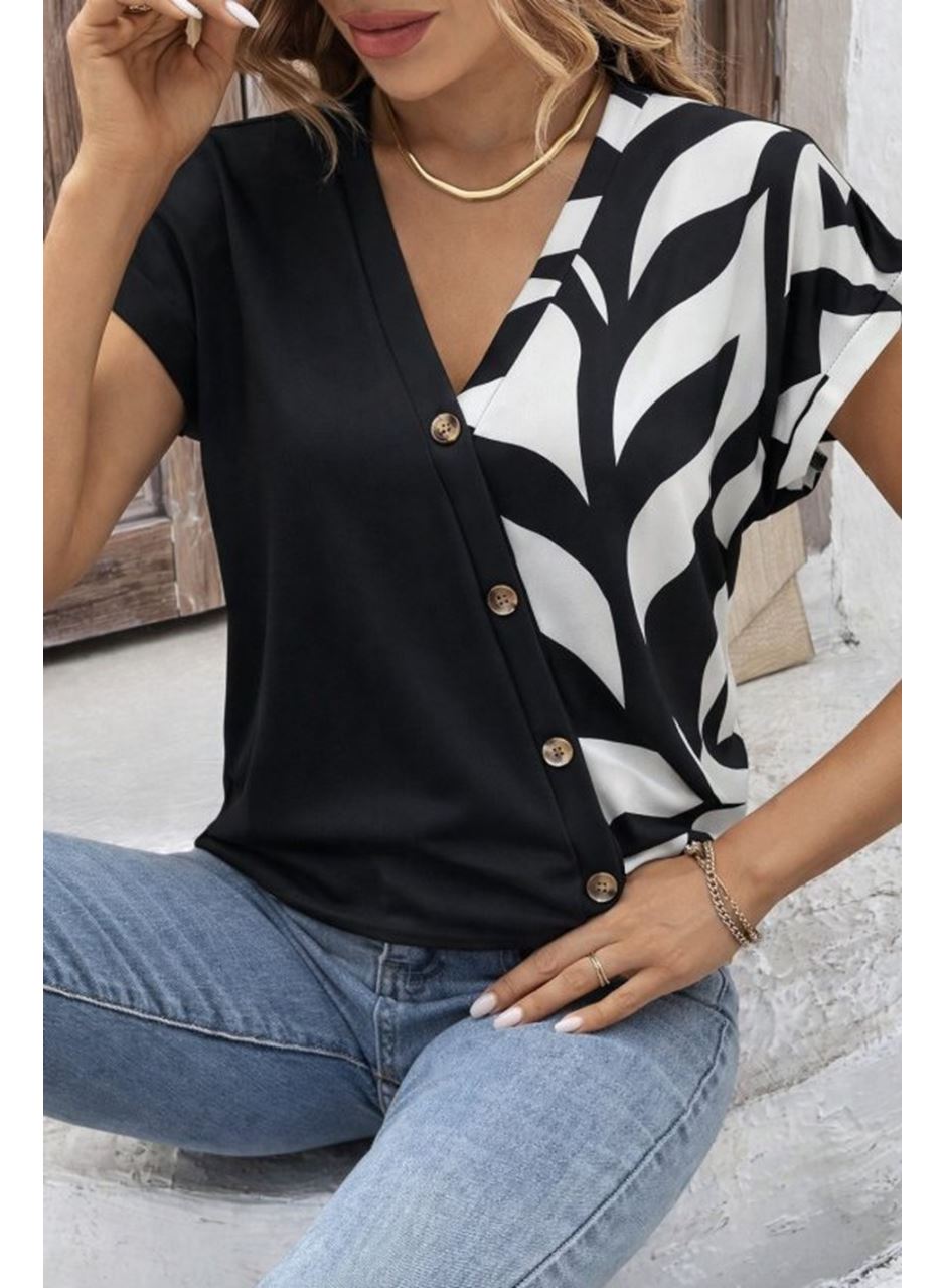 Kadın Kısa Kollu V Yakalı önden Düğmeli Leopar Desen Detaylı Viskon Bluz