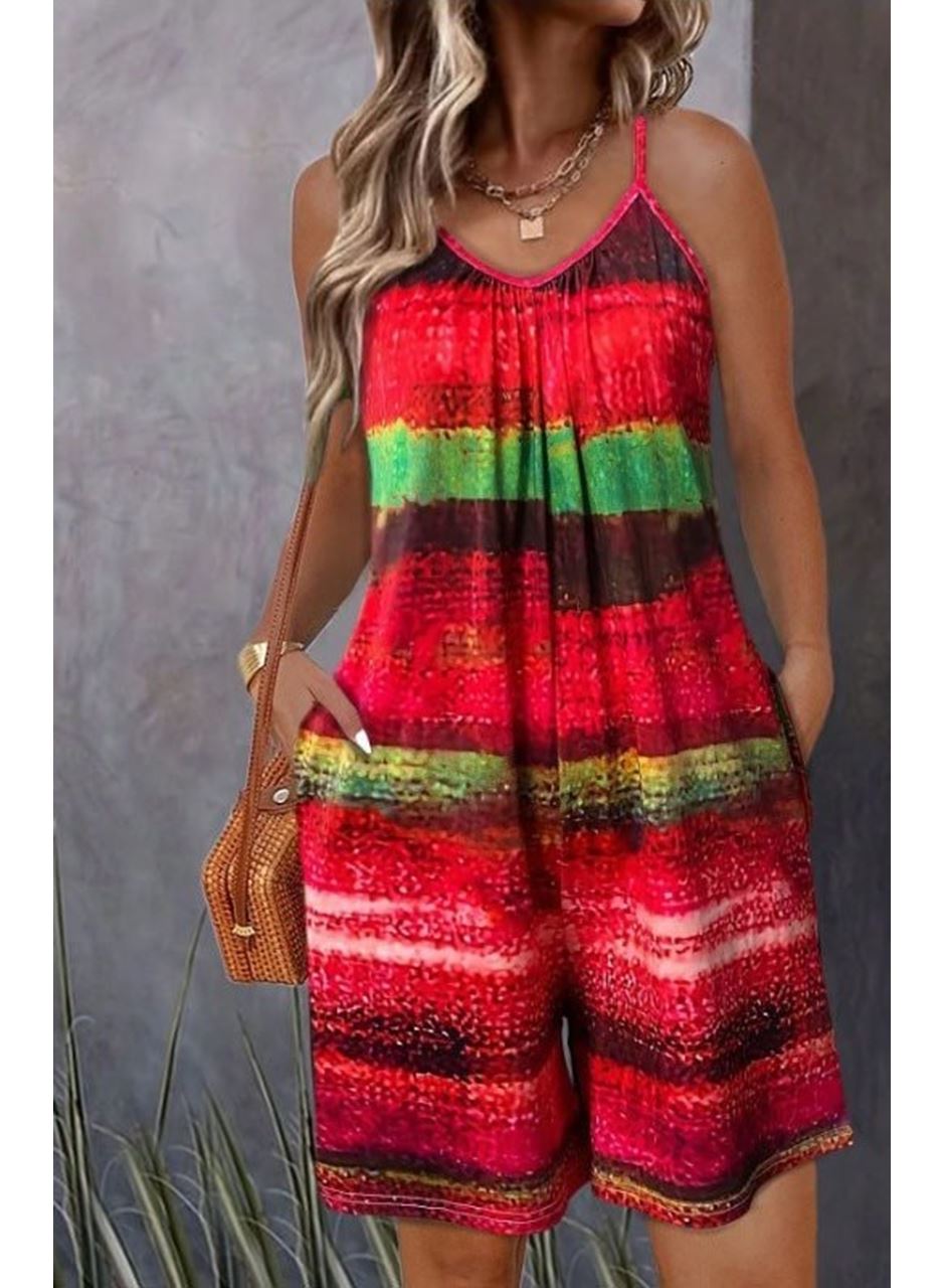 Kadın Ip Askılı Yuvarlak Yakalı Cepli Desenli Kısa Süprem Tulum