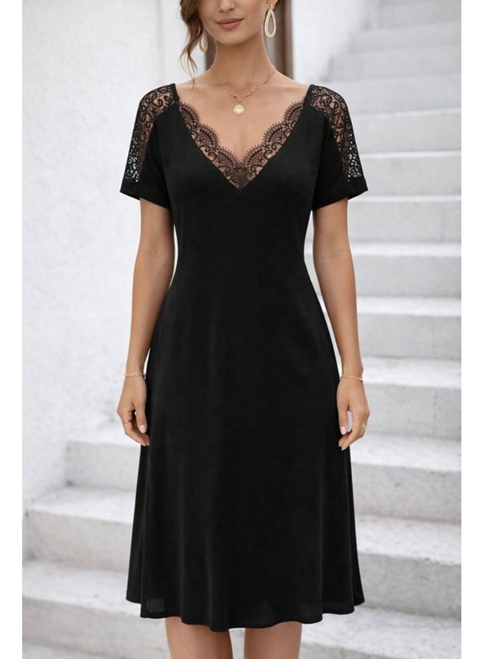 Kadın Kısa Kollu Dantel V Yakalı Midi Viskon Elbise