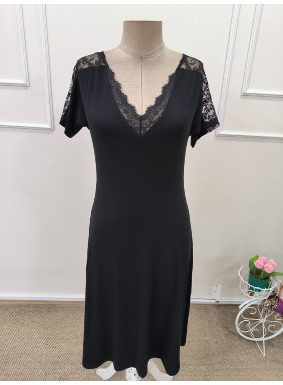 Kadın Kısa Kollu Dantel V Yakalı Midi Viskon Elbise