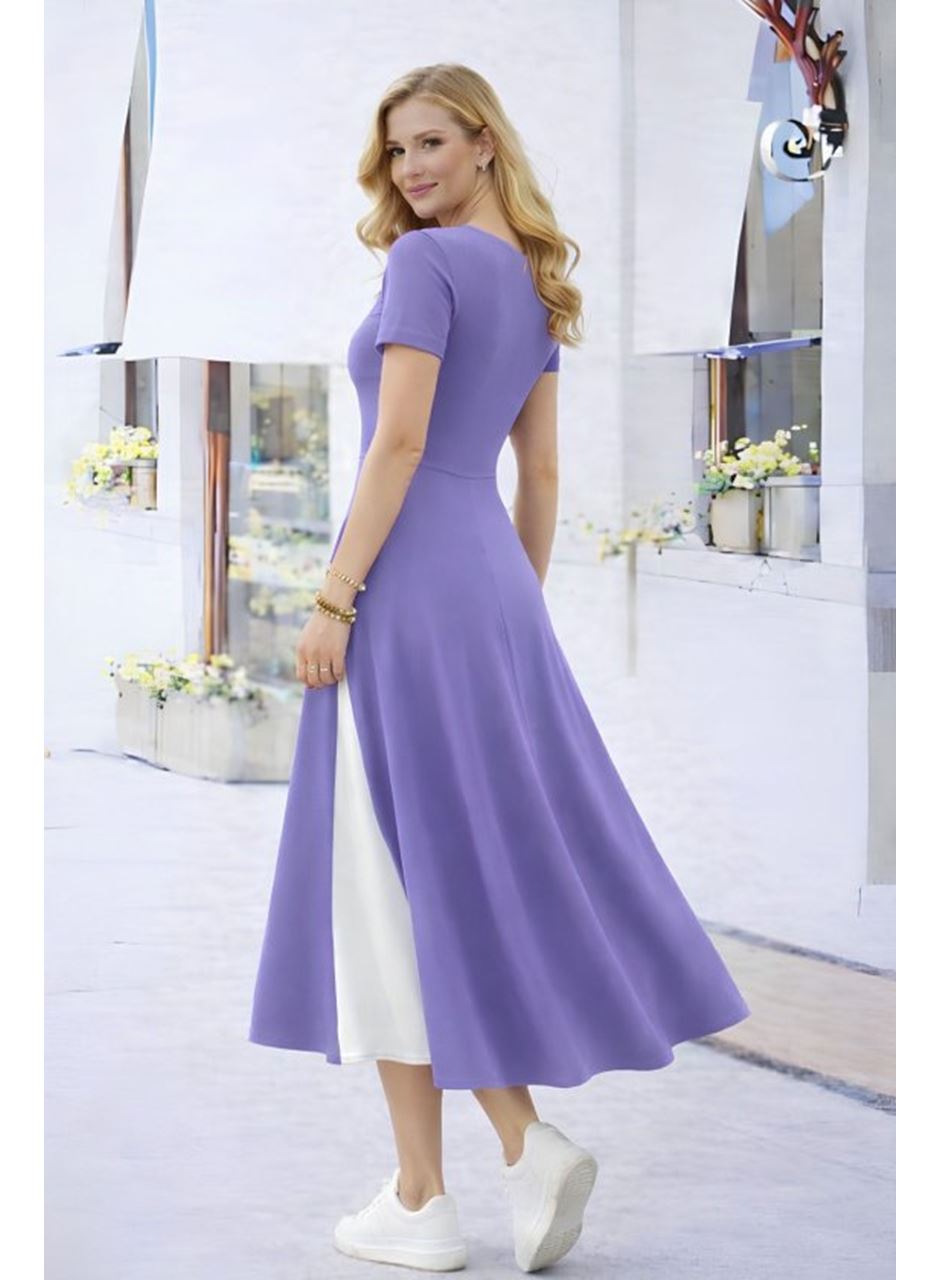 Kadın Kısa Kollu Asimetrik Yakalı Düğme Detaylı Midi Viskon Elbise