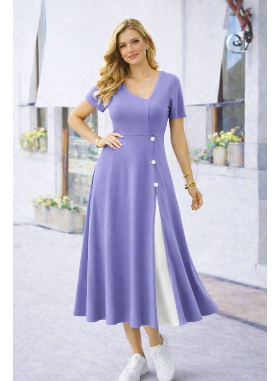 Kadın Kısa Kollu Asimetrik Yakalı Düğme Detaylı Midi Viskon Elbise