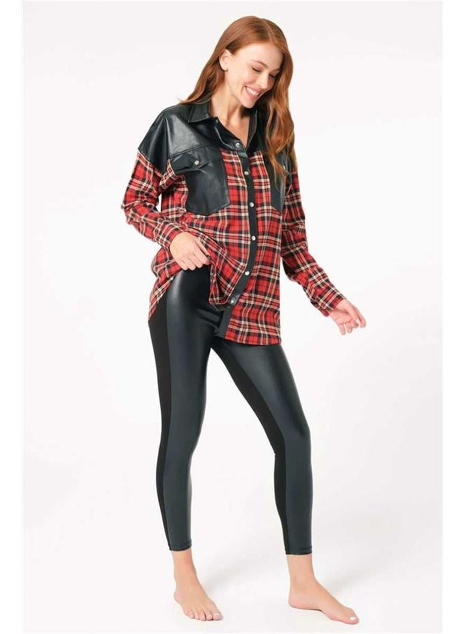 Kadın Pamuklu Ekose Çıtçıtlı Uzun Kol Cepli Gömlek ve Deri Görünümlü Tayt Takım (9762)