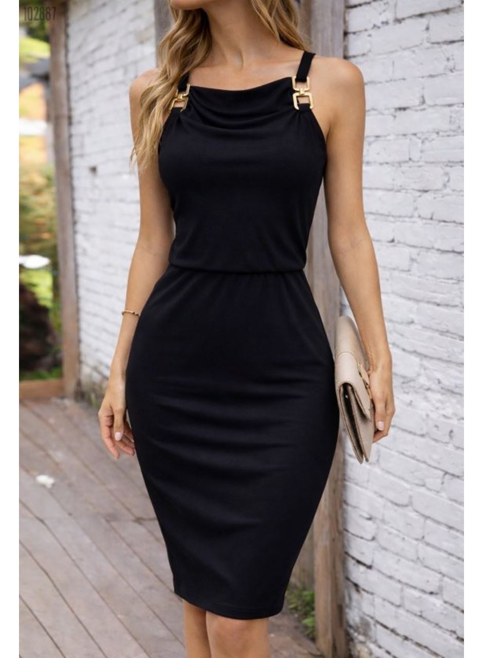 Kadın Omuzlardan Açık Degaje Yakalı Toka Detaylı Viskon Kısa Elbise