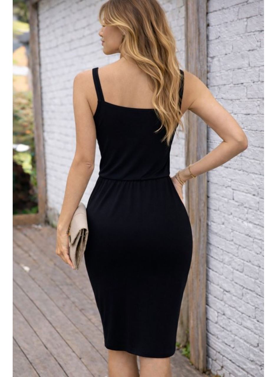 Kadın Omuzlardan Açık Degaje Yakalı Toka Detaylı Viskon Kısa Elbise