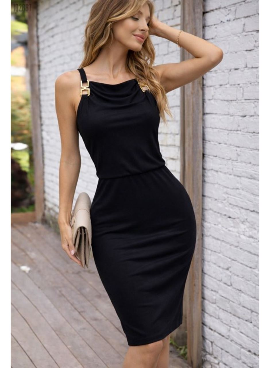 Kadın Omuzlardan Açık Degaje Yakalı Toka Detaylı Viskon Kısa Elbise