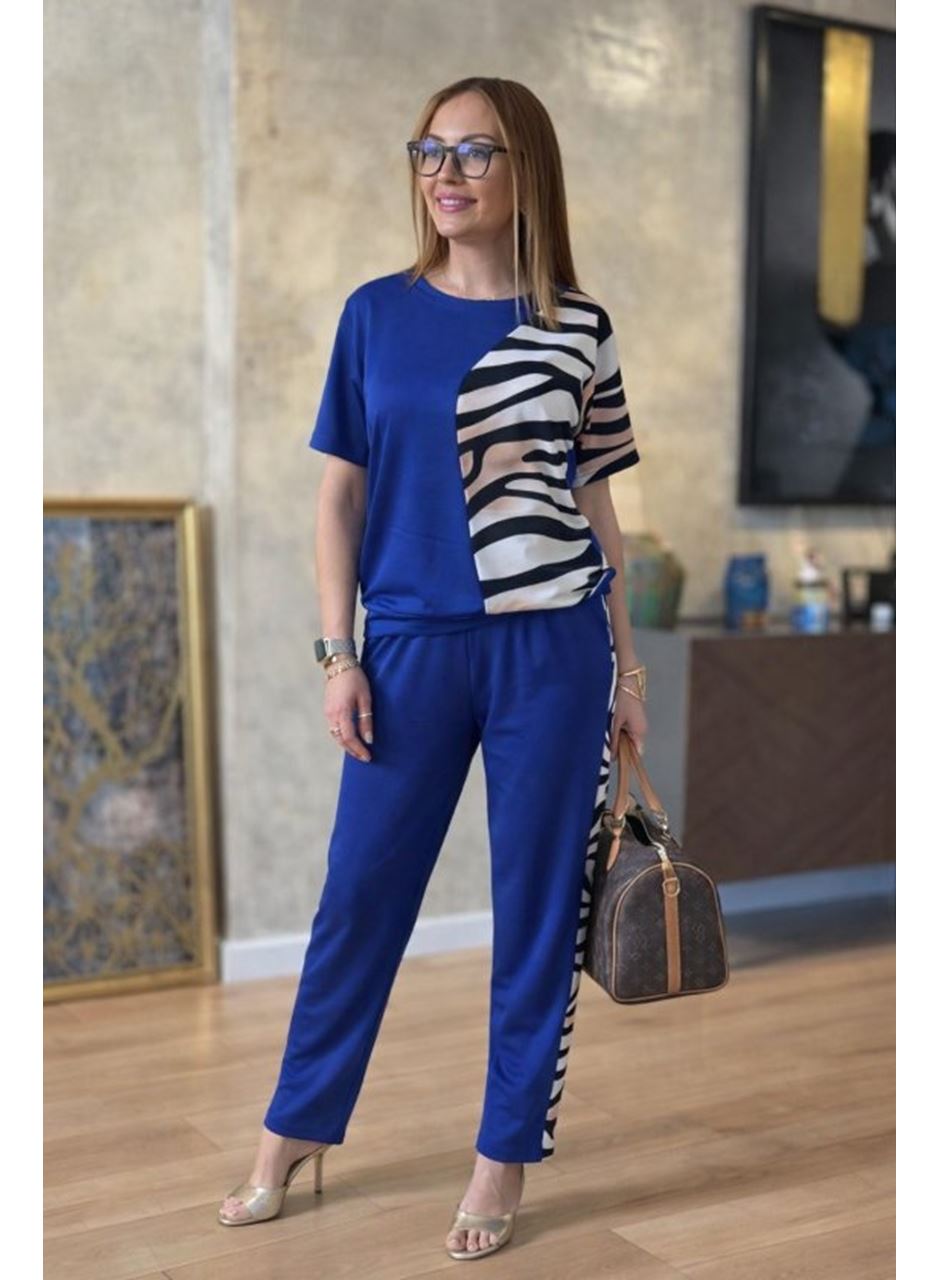 Kadın Kısa Kollu Bisiklet Yaka Zebra Desen Bluz Ve Pantolon Ikili Takım