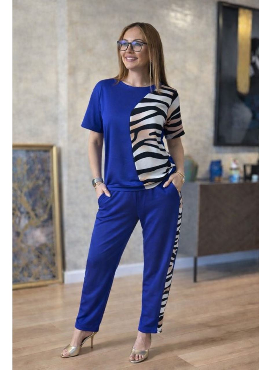 Kadın Kısa Kollu Bisiklet Yaka Zebra Desen Bluz Ve Pantolon Ikili Takım