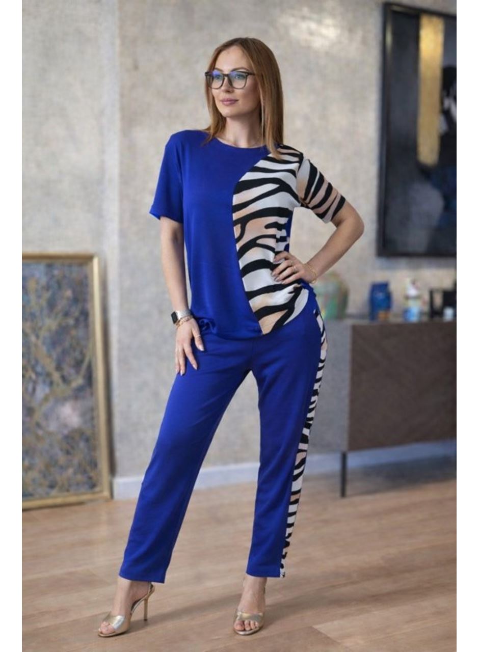 Kadın Kısa Kollu Bisiklet Yaka Zebra Desen Bluz Ve Pantolon Ikili Takım