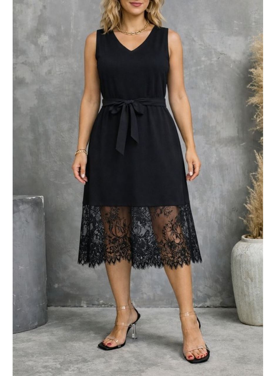 Kadın Askılı V Yakalı Dantelli Midi Viskon Elbise
