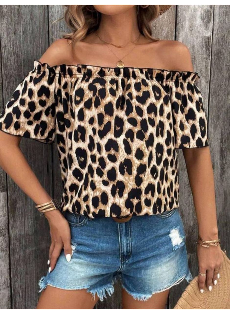 Kadın Madonna Yaka Fırfırlı Leopar Desenli Mikro Kumaş Bluz