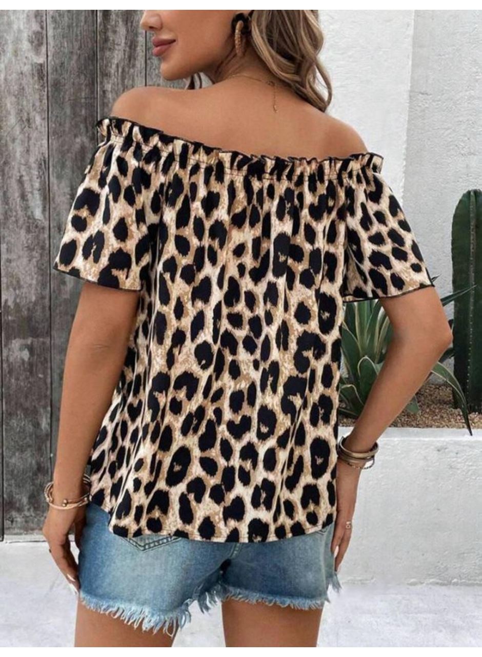 Kadın Madonna Yaka Fırfırlı Leopar Desenli Mikro Kumaş Bluz