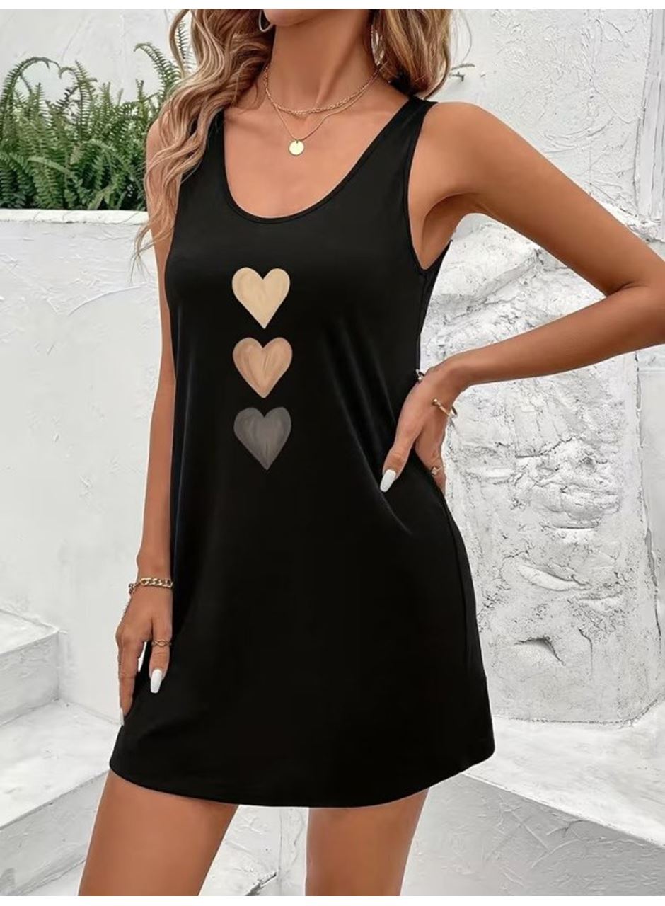 Kadın Askılı Yuvarlak Yakalı Kalp Baskılı Kısa Viskon Elbise