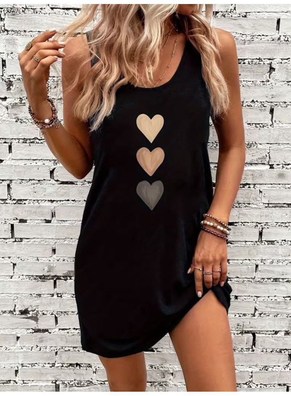 Kadın Askılı Yuvarlak Yakalı Kalp Baskılı Kısa Viskon Elbise