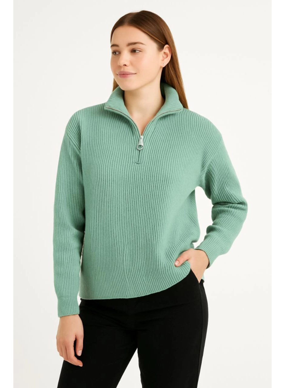 KADIN Yarım Fermuarlı Triko Kazak – Selanik Örgü, Dik Yaka, Pamuklu Dokuma, Oversize Uzun Kollu Kışlık Model - Mint Yeşili